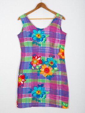 VTG Jams World Vibrant Tropical Floral Plaid Shift Dress Size 7 Excellent Cond